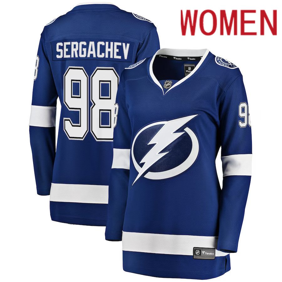 Women Tampa Bay Lightning 98 Mikhail Sergachev Fanatics Branded Blue Breakaway Player NHL Jersey